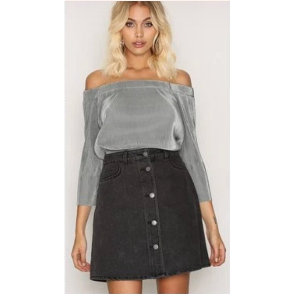 Noisy May Charcoal Black Stonewash A-Line Denim Skirt, Medium